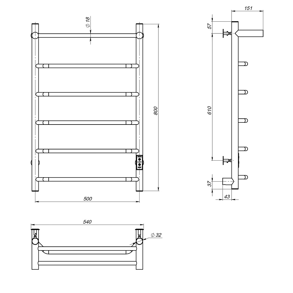 Полотенцесушитель Пэк сп 6 П 80х50 32 мм матовый хром